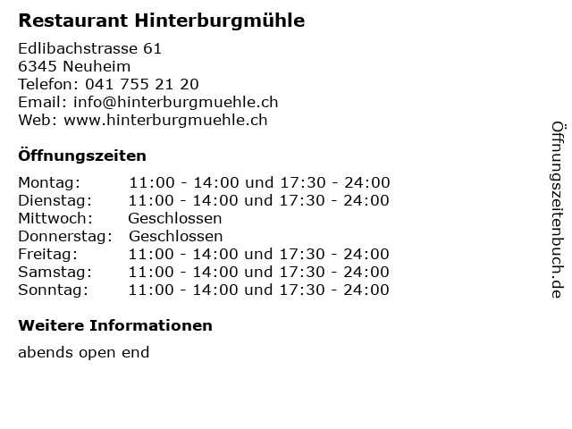Restaurant Hinterburgmühle in Neuheim: Adresse und Öffnungszeiten