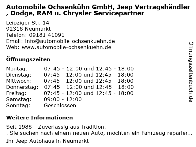 Automobile Ochsenkühn GmbH, Jeep Vertragshändler, Dodge, RAM u. Chrysler Servicepartner in Neumarkt: Adresse und Öffnungszeiten