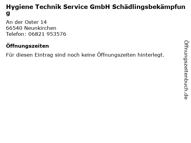 Hygiene Technik Service GmbH Schädlingsbekämpfung in Neunkirchen: Adresse und Öffnungszeiten