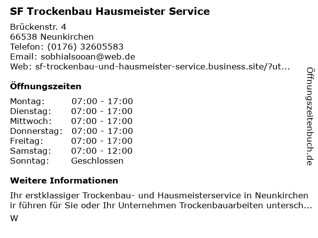 SF Trockenbau Hausmeister Service in Neunkirchen: Adresse und Öffnungszeiten