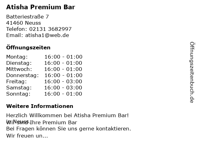Atisha Premium Bar Cocktail & Shisha Lounge in Neuss: Adresse und Öffnungszeiten