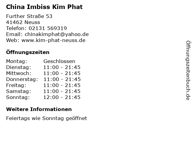 China Imbiss Kim Phat in Neuss: Adresse und Öffnungszeiten