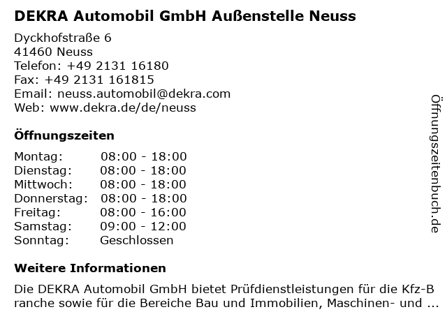 DEKRA Automobil GmbH Außenstelle Neuss in Neuss: Adresse und Öffnungszeiten
