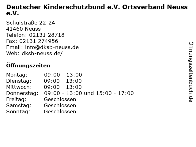 Deutscher Kinderschutzbund e.V. Ortsverband Neuss e.V. in Neuss: Adresse und Öffnungszeiten