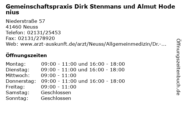 Gemeinschaftspraxis Dirk Stenmans und Almut Hodenius in Neuss: Adresse und Öffnungszeiten