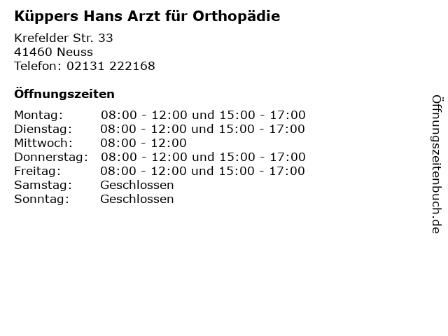 Küppers Hans Arzt für Orthopädie in Neuss: Adresse und Öffnungszeiten