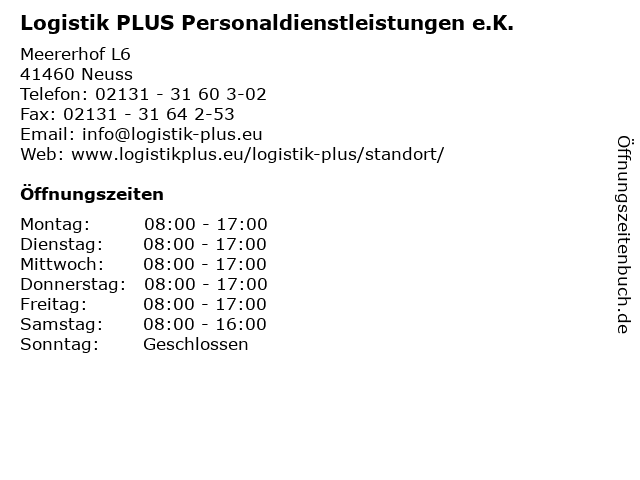 Logistik PLUS Personaldienstleistungen e.K. in Neuss: Adresse und Öffnungszeiten