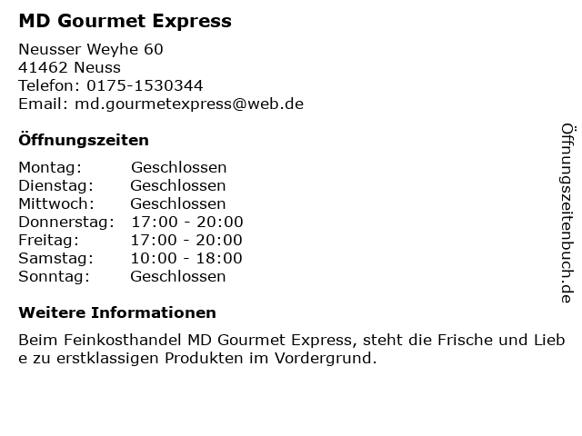 MD Gourmet Express in Neuss: Adresse und Öffnungszeiten