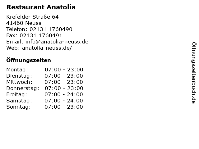 Restaurant Anatolia in Neuss: Adresse und Öffnungszeiten