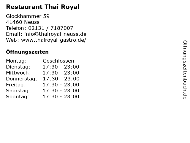 Restaurant Thai Royal in Neuss: Adresse und Öffnungszeiten