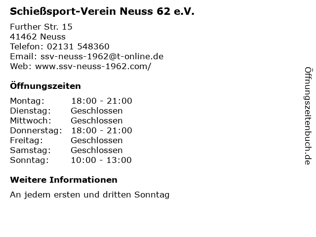 Schießsport-Verein Neuss 62 e.V. in Neuss: Adresse und Öffnungszeiten