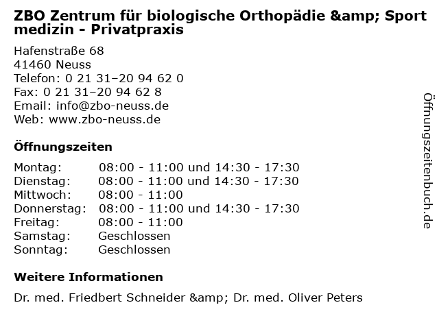 ZBO Zentrum für biologische Orthopädie & Sportmedizin - Privatpraxis in Neuss: Adresse und Öffnungszeiten