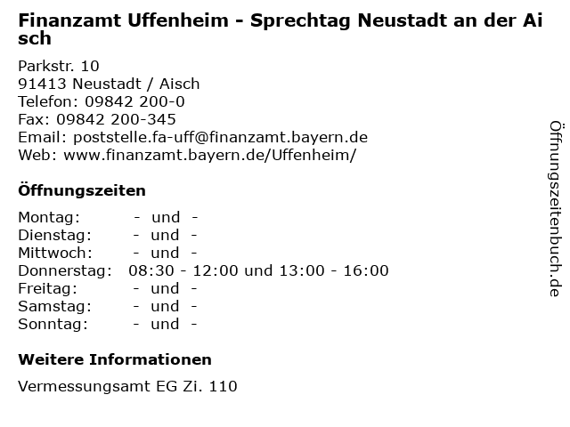Á Offnungszeiten Finanzamt Uffenheim Sprechtag Neustadt An Der Aisch Parkstr 10 In Neustadt Aisch