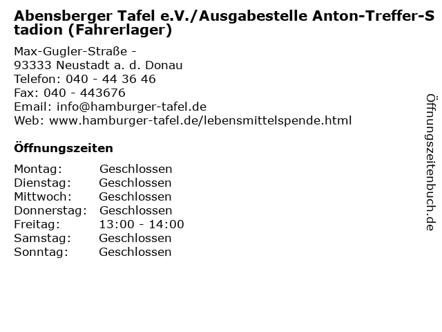 Abensberger Tafel e.V./Ausgabestelle Anton-Treffer-Stadion (Fahrerlager) in Neustadt a. d. Donau: Adresse und Öffnungszeiten