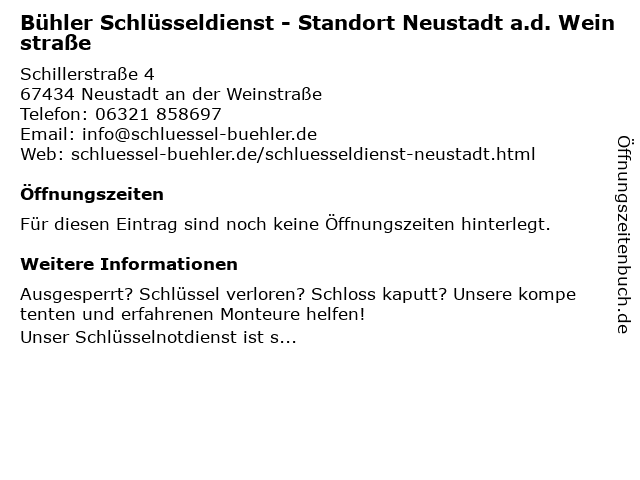 ᐅ Öffnungszeiten „Bühler Schlüsseldienst - Standort Neustadt a.d.  Weinstraße“ | Schillerstraße 4 in Neustadt an der Weinstraße