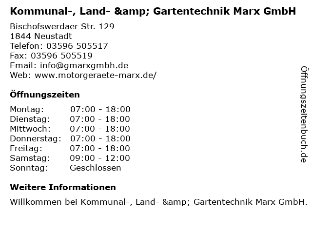Kommunal-, Land- & Gartentechnik Marx GmbH in Neustadt: Adresse und Öffnungszeiten