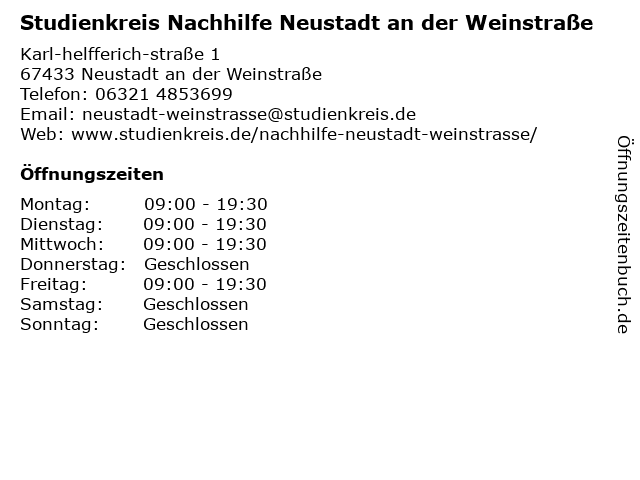 Studienkreis Nachhilfe Neustadt an der Weinstraße in Neustadt: Adresse und Öffnungszeiten