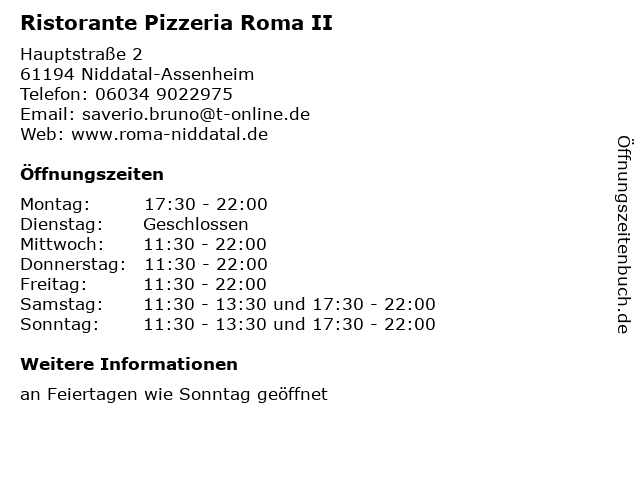 Ristorante Pizzeria Roma II in Niddatal-Assenheim: Adresse und Öffnungszeiten