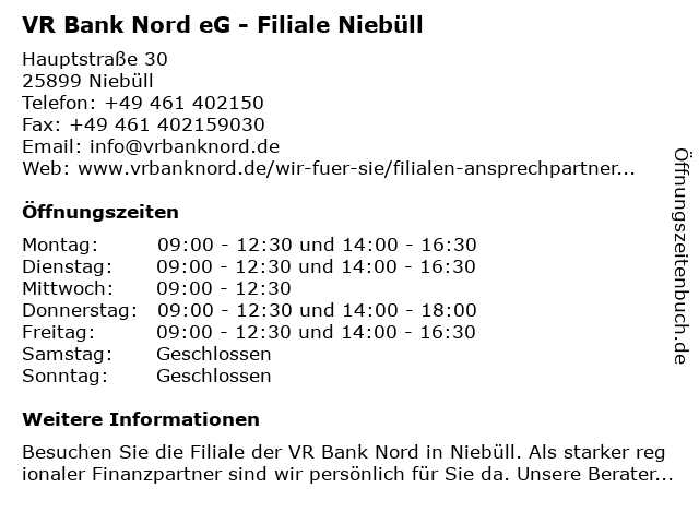 Öffnungszeiten „VR Bank Nord - Niebüll“ | Hauptstraße 30 in Niebüll