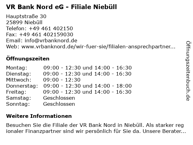 Gedehams Økonomi Køre ud ᐅ Öffnungszeiten „VR Bank Nord eG - Filiale Niebüll“ | Hauptstraße 30 in  Niebüll