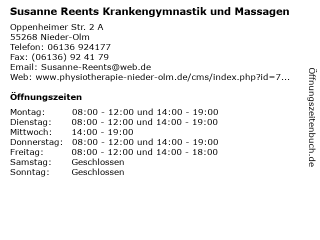 Susanne Reents Krankengymnastik und Massagen in Nieder-Olm: Adresse und Öffnungszeiten