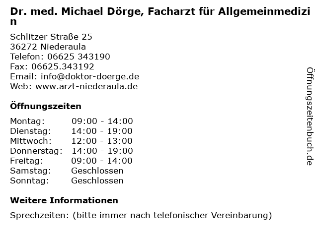 Dr. med. Michael Dörge, Facharzt für Allgemeinmedizin in Niederaula: Adresse und Öffnungszeiten