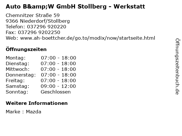 Auto B&W GmbH Stollberg - Werkstatt in Niederdorf/Stollberg: Adresse und Öffnungszeiten