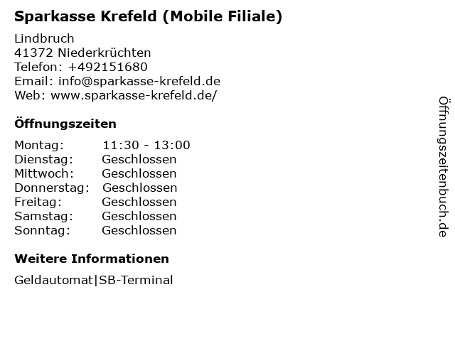ᐅ Offnungszeiten Sparkasse Krefeld Mobile Filiale Bankbus Lindbruch In Niederkruchten