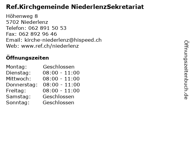 Ref.Kirchgemeinde NiederlenzSekretariat in Niederlenz: Adresse und Öffnungszeiten