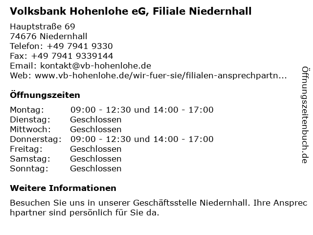 ᐅ Öffnungszeiten „Volksbank Hohenlohe eG, Geschäftsstelle