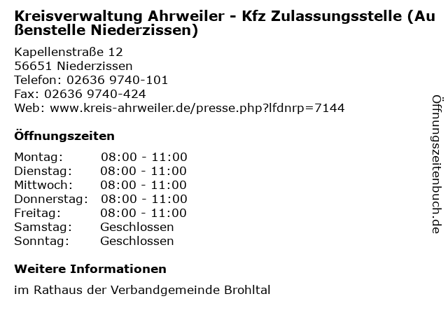 Kreisverwaltung Ahrweiler - Kfz Zulassungsstelle (Außenstelle Niederzissen) in Niederzissen: Adresse und Öffnungszeiten