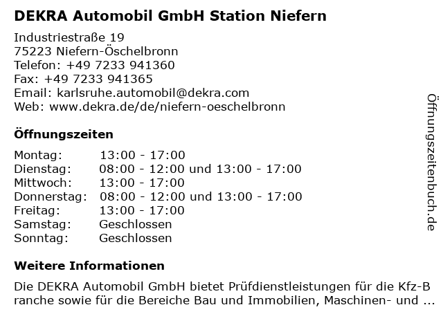 DEKRA Automobil GmbH Station Niefern in Niefern-Öschelbronn: Adresse und Öffnungszeiten
