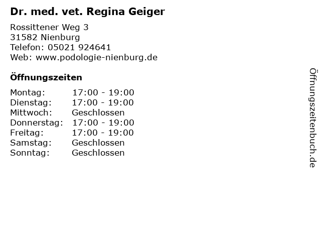 Dr. med. vet. Regina Geiger in Nienburg: Adresse und Öffnungszeiten