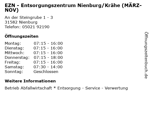 EZN - Entsorgungszentrum Nienburg/Krähe (MÄRZ-NOV) in Nienburg: Adresse und Öffnungszeiten