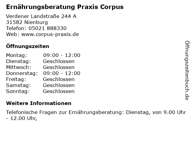 Ernährungsberatung Praxis Corpus in Nienburg: Adresse und Öffnungszeiten