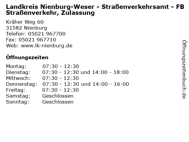 Landkreis Nienburg-Weser - Straßenverkehrsamt - FB Straßenverkehr, Zulassung in Nienburg: Adresse und Öffnungszeiten