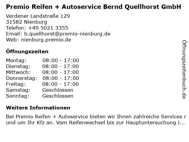 Premio Reifen + Autoservice Bernd Quellhorst GmbH in Nienburg: Adresse und Öffnungszeiten