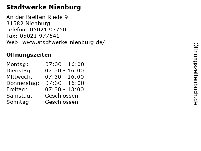 Stadtwerke Nienburg in Nienburg: Adresse und Öffnungszeiten