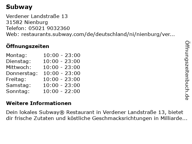 Subway in Nienburg: Adresse und Öffnungszeiten