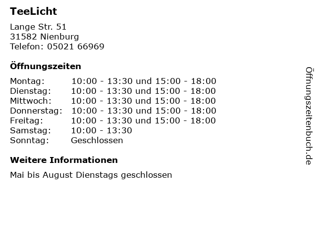 ᐅ TeeLicht in Nienburg | Telefonnummer Öffnungszeiten Adresse