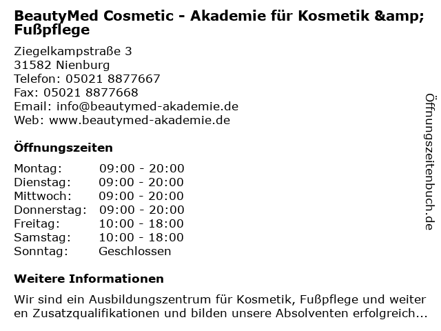 Beauty Med Cormetic in Nienburg-Weser: Adresse und Öffnungszeiten
