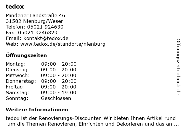 ᐅ Offnungszeiten Tedox Kg Mindener Landstrasse 46 In Nienburg