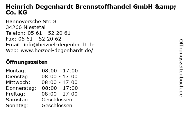 Heinrich Degenhardt Brennstoffhandel GmbH & Co. KG in Niestetal: Adresse und Öffnungszeiten