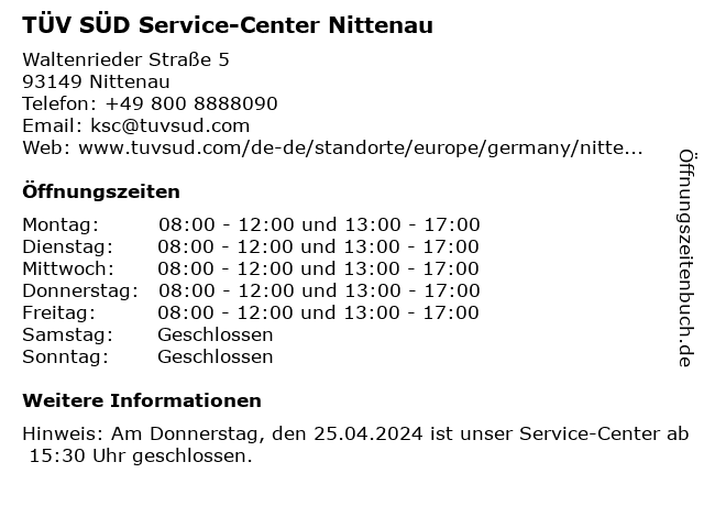 TÜV SÜD Service-Center Nittenau in Nittenau: Adresse und Öffnungszeiten