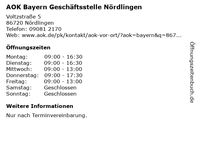 ᐅ Offnungszeiten Aok Bayern Geschaftsstelle Nordlingen Voltzstrasse 5 In Nordlingen