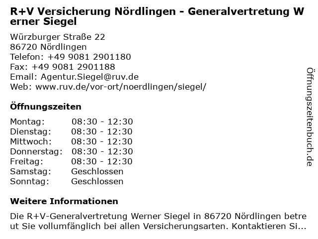 R+V Versicherung Nördlingen - Generalvertretung Werner Siegel in Nördlingen: Adresse und Öffnungszeiten