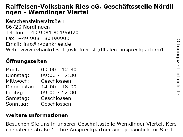 Raiffeisen-Volksbank Ries eG, Geschäftsstelle Nördlingen - Wemdinger Viertel in Nördlingen: Adresse und Öffnungszeiten