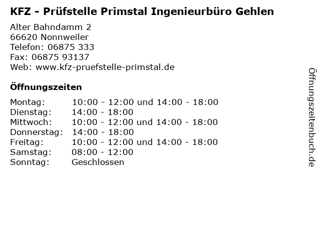 KFZ - Prüfstelle Primstal Ingenieurbüro Gehlen in Nonnweiler: Adresse und Öffnungszeiten