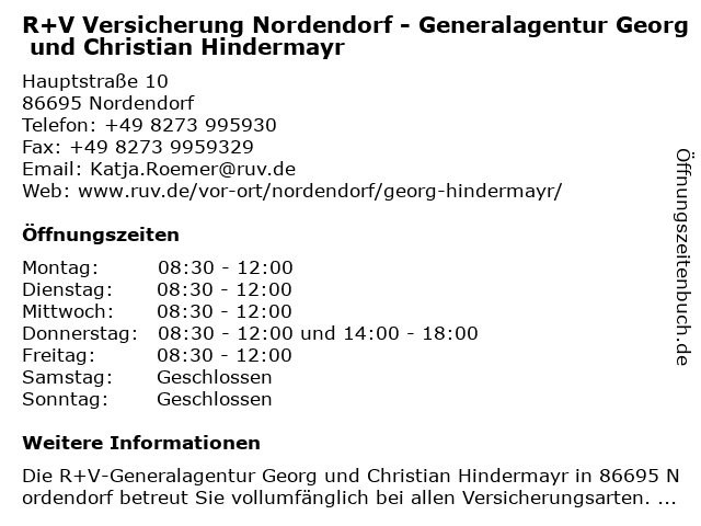 R+V Versicherung Nordendorf - Generalagentur Georg und Christian Hindermayr in Nordendorf: Adresse und Öffnungszeiten