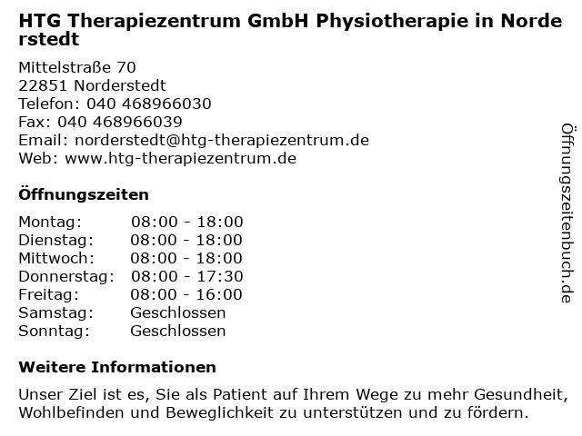 HTG Therapiezentrum GmbH Physiotherapie in Norderstedt in Norderstedt: Adresse und Öffnungszeiten